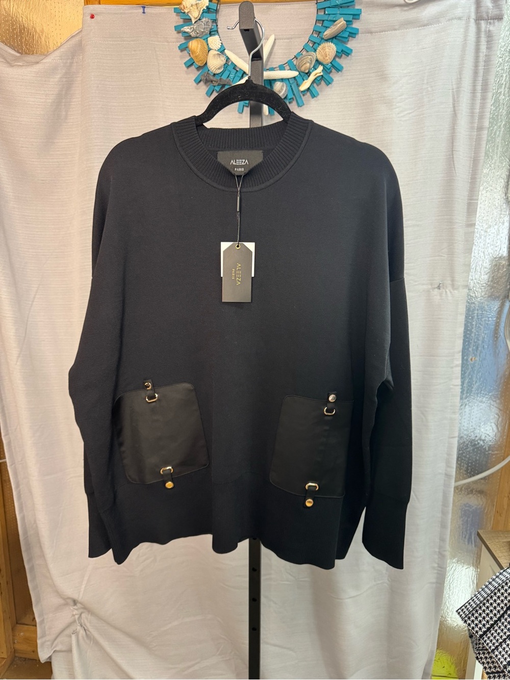 Aleza Paris Black Plus Women's Crewneck Tunic with Front Pocket Details